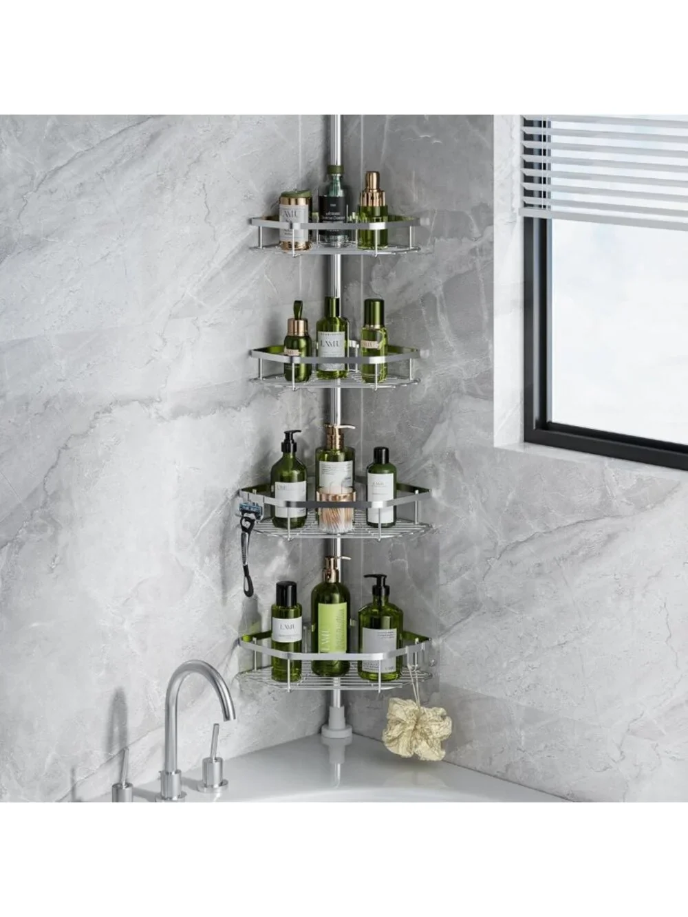 Stainless Steel Corner Shower Caddy - Adjustable 4-Tier Organizer with Hooks